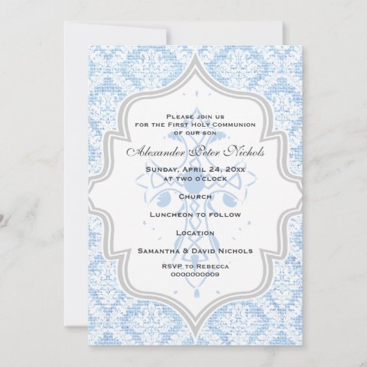 Blaue Kreuzung mit weißem Damastasenguss Erste Kom Einladung (Vorderseite)