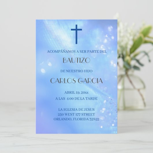 Blaue Kreuzung - Spanische Invitacion de Bautizo Einladung (Stehend Vorderseite)