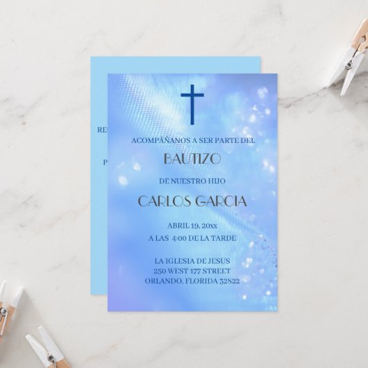 Blaue Kreuzung - Spanische Invitacion de Bautizo Einladung (Vorderseite/Rückseite Beispiel)