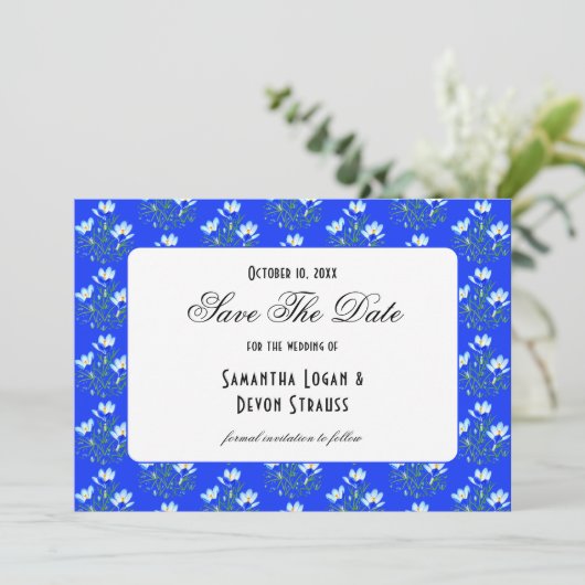 Blaue Krokus-Hochzeit Save The Date (Stehend Vorderseite)