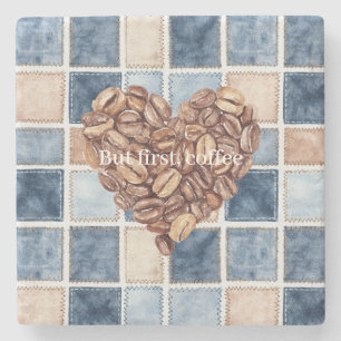 Blaue Kunst-Denim-Creme Erste Kaffeebohnen Herz Steinuntersetzer