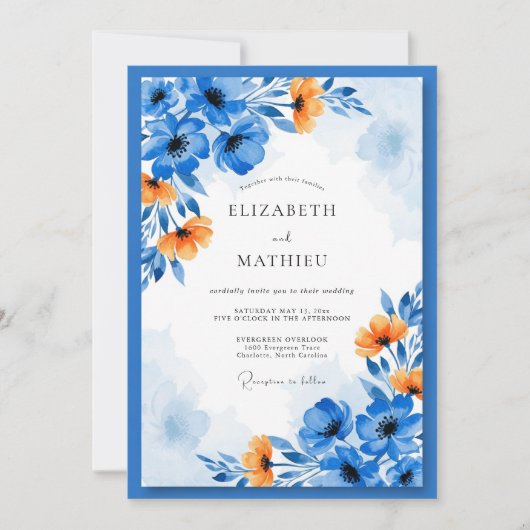 Blaue künstlerische Blumenehe Einladung (Vorderseite)