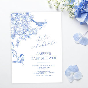 Blaue künstlerische botanische Vogel-Baby-Party Einladung
