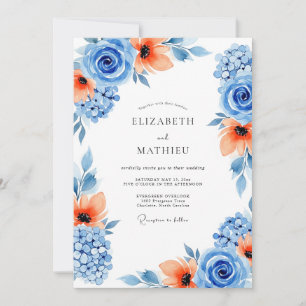 Blaue künstlerische Orange Blossom-Hochzeit Einladung