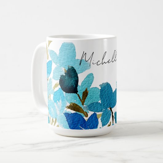 Blaue künstlerische Wildblumen Kaffeetasse (Vorderseite Links)