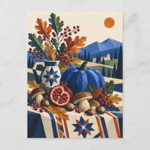 Blaue Kürbis- und Wald-Erntedank-Karte Postkarte