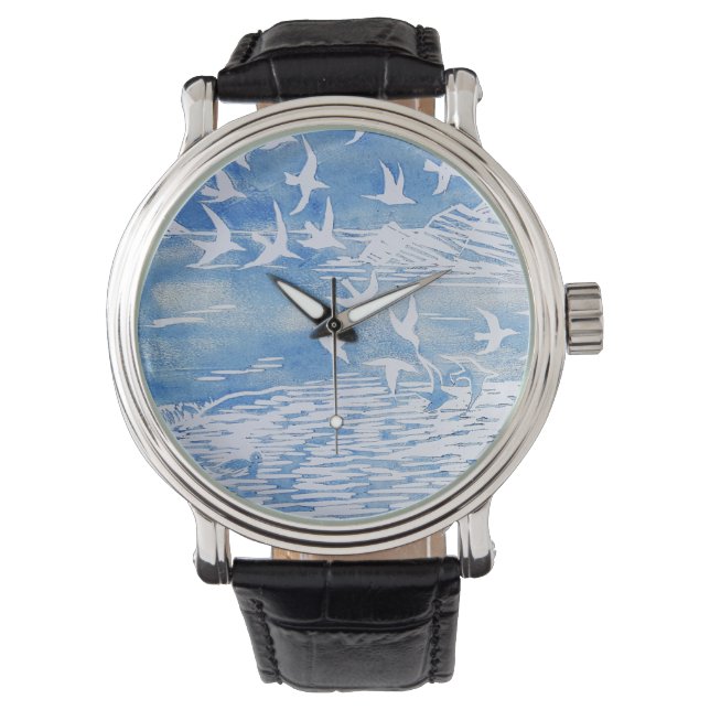 Blaue Küste Vögel Moderne Wasserfarben Kunst Armbanduhr (Vorderseite)