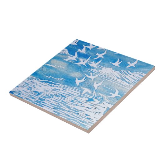 Blaue Küste Vögel Moderne Wasserfarben Kunst Fliese (Seite)