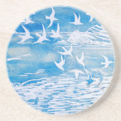 Blaue Küste Vögel Moderne Wasserfarben Kunst Getränkeuntersetzer (Vorne)