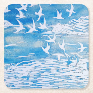 Blaue Küsten-Vogel-moderne Aquarell-Kunst Rechteckiger Pappuntersetzer