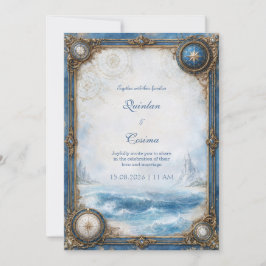 Blaue Küstenkompass-Hochzeit Einladung