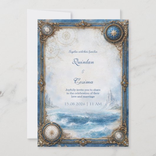 Blaue Küstenkompass-Hochzeit Einladung (Vorderseite)