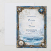 Blaue Küstenkompass-Hochzeit Einladung (Vorne/Hinten)