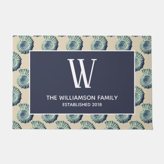 Blaue Küstenseashells u. Familienname Fußmatte (Vorderseite)