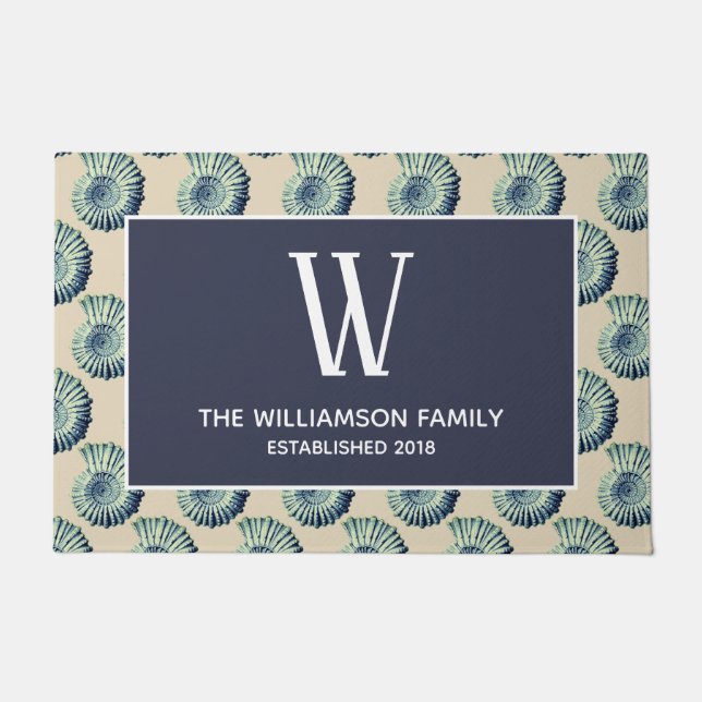 Blaue Küstenseashells u. Familienname Fußmatte (Vorderseite)