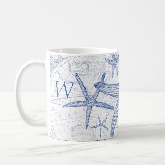 Blaue Küstenstarfish-mit Monogramm Initiale Kaffeetasse (Links)