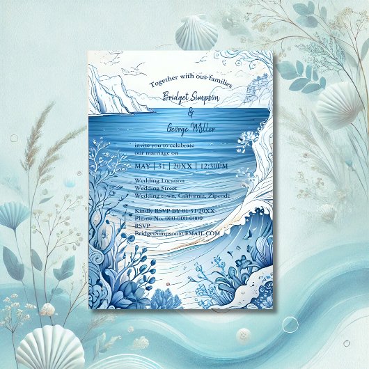 Blaue Küstenvibe Hochzeit Einladung