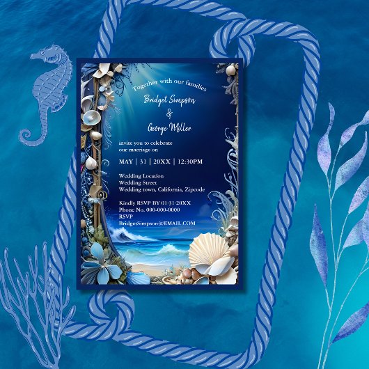 Blaue Küstenvibe Hochzeit Einladung