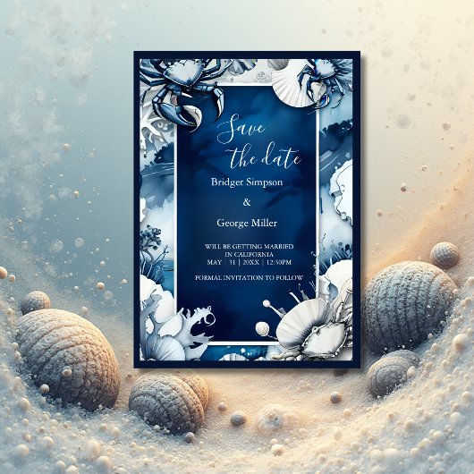 Blaue Küstenvibe Hochzeit sicher das Datum Einladu Einladung