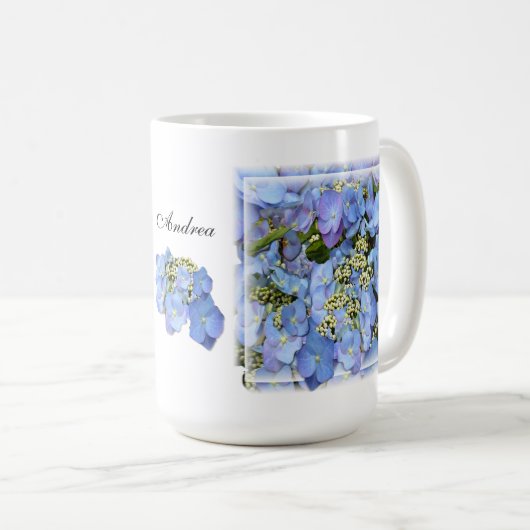 Blaue Lacecap Hydrangeas Kaffeetasse (VorderseiteRechts)