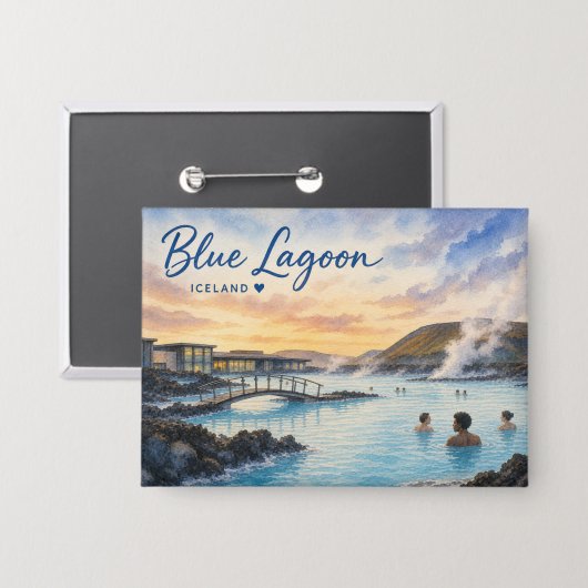 Blaue Lagune Island Thermalbad Aquarell Button (Vorderseite/Rückseite)