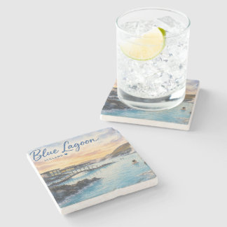 Blaue Lagune Island Thermalbad Aquarell  Steinuntersetzer