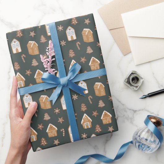 Blaue Lebkuchenhäuschen-Weihnachtsmuster Geschenkpapier (Schenken)