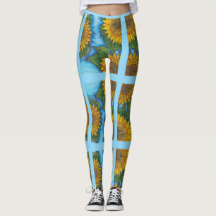 Blaue Leggings mit gelben Sonnenblumen und Streife