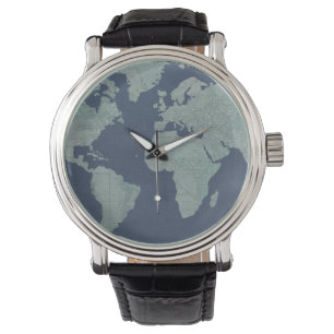 Blaue LeinenWeltkarte Armbanduhr