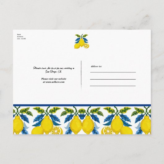 Blaue Lemon Wasserfarbe Mittelmeer Hochzeit Ankündigungspostkarte (Rückseite)