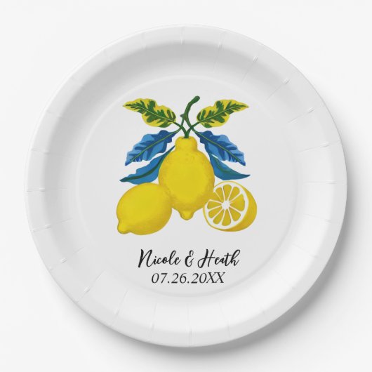 Blaue Lemon Wasserfarbe Mittelmeer Hochzeit Pappteller (Vorderseite)
