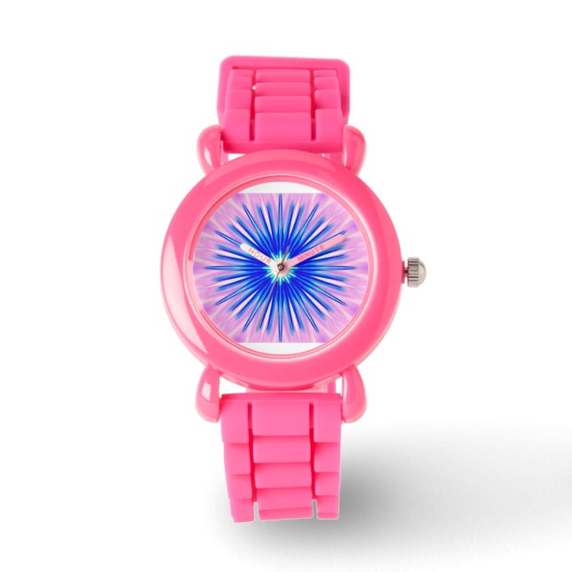 blaue Leuchte auf rosa Uhr (Vorderseite)