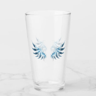 Blaue leuchtende Engelsflügel auf schwarzem Hinter Glas