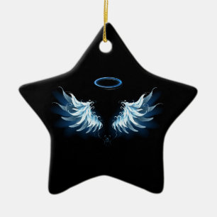 Blaue leuchtende Engelsflügel auf schwarzem Hinter Keramik Ornament