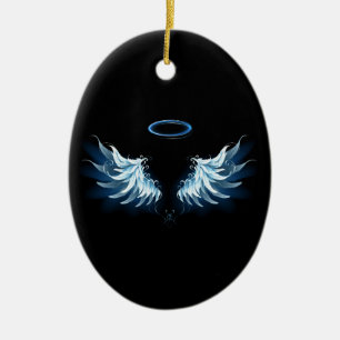 Blaue leuchtende Engelsflügel auf schwarzem Hinter Keramik Ornament