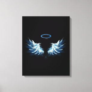 Blaue leuchtende Engelsflügel auf schwarzem Hinter Leinwanddruck