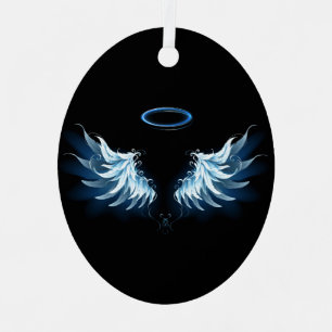 Blaue leuchtende Engelsflügel auf schwarzem Hinter Ornament Aus Metall