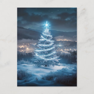Blaue leuchtende Weihnachtsbaum-Winternacht Feiertagspostkarte