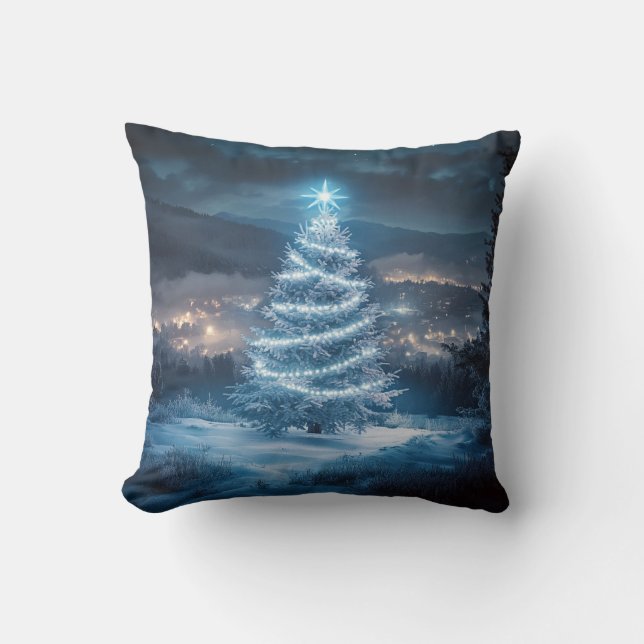 Blaue leuchtende Weihnachtsbaum-Winternacht Kissen (Vorderseite)