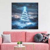 Blaue leuchtende Weihnachtsbaum-Winternacht Leinwanddruck (Insitu (Wohnzimmer))