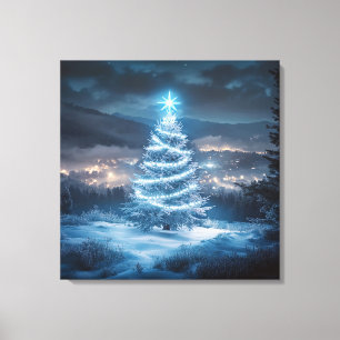 Blaue leuchtende Weihnachtsbaum-Winternacht Leinwanddruck