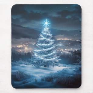 Blaue leuchtende Weihnachtsbaum-Winternacht Mousepad