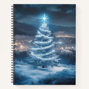 Blaue leuchtende Weihnachtsbaum-Winternacht Notizblock