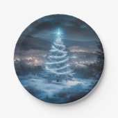 Blaue leuchtende Weihnachtsbaum-Winternacht Pappteller (Vorderseite)