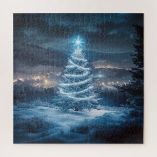 Blaue leuchtende Winternacht-Christmasbaum Puzzle