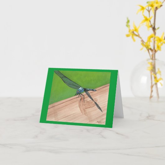 Blaue Libelle auf einer Mitteilungskarten (Gelbe Blume)