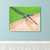 Blaue Libelle auf einer schienengepeitschten Canva Leinwanddruck (Insitu (Holzboden))
