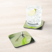 Blaue Libelle auf grünem Blatt Getränkeuntersetzer (Rechte Seite)