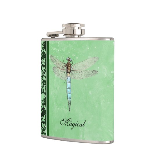 Blaue Libelle auf Schwarzem u. Grün Flachmann (Links)