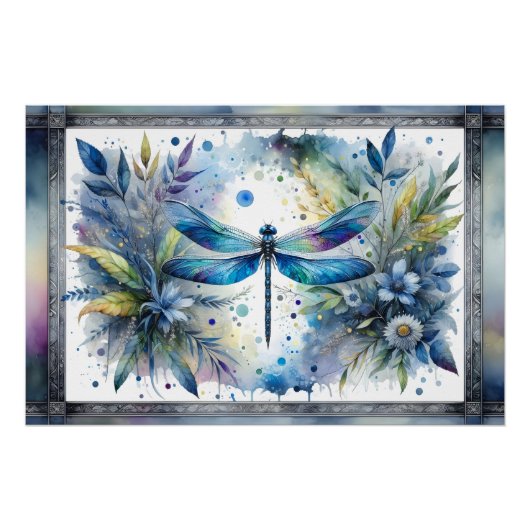 Blaue Libelle Botanische Aquarellmalerei Poster (Vorderseite)